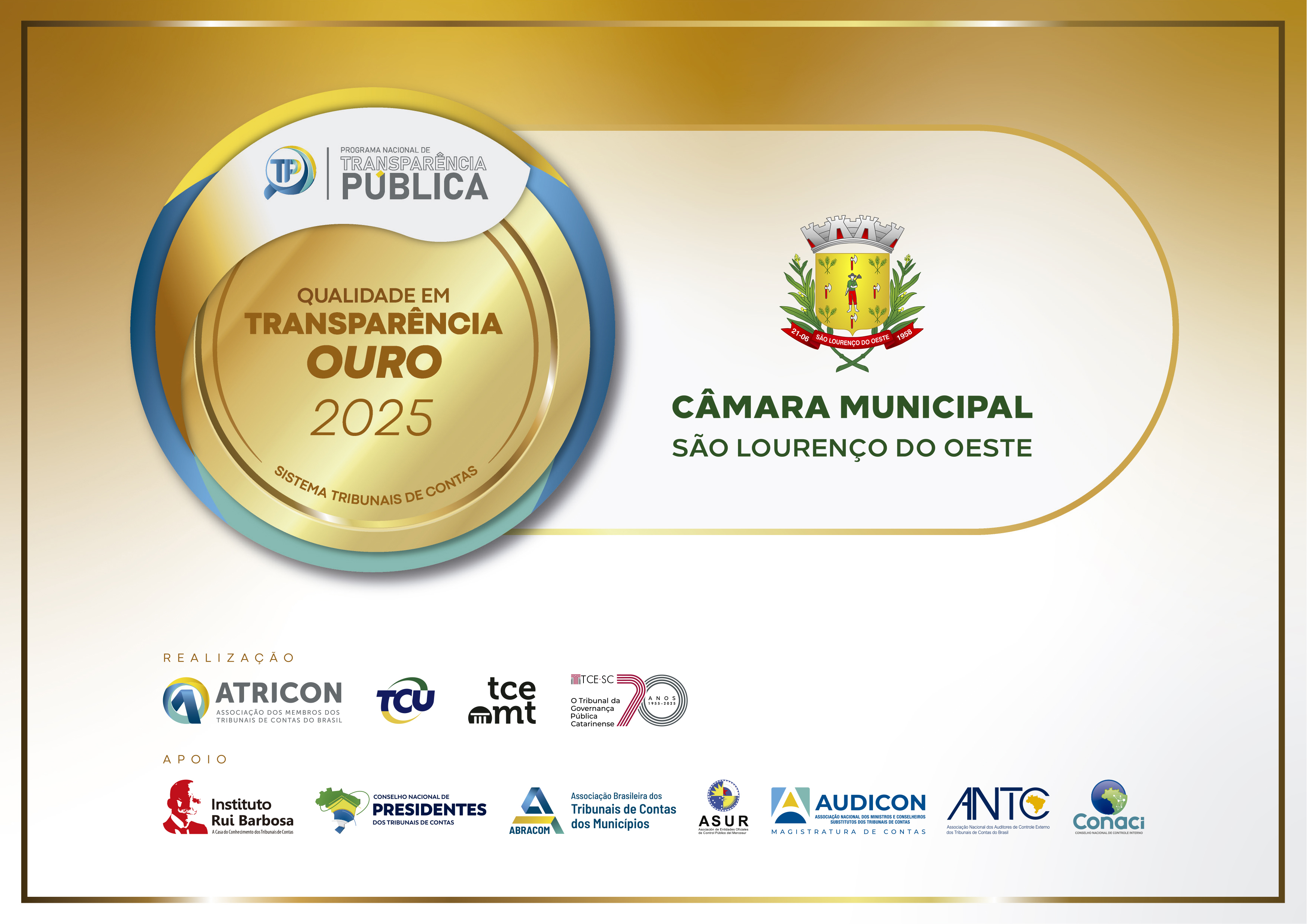 Câmara de São Lourenço do Oeste conquista Selo Ouro de Transparência Pública 