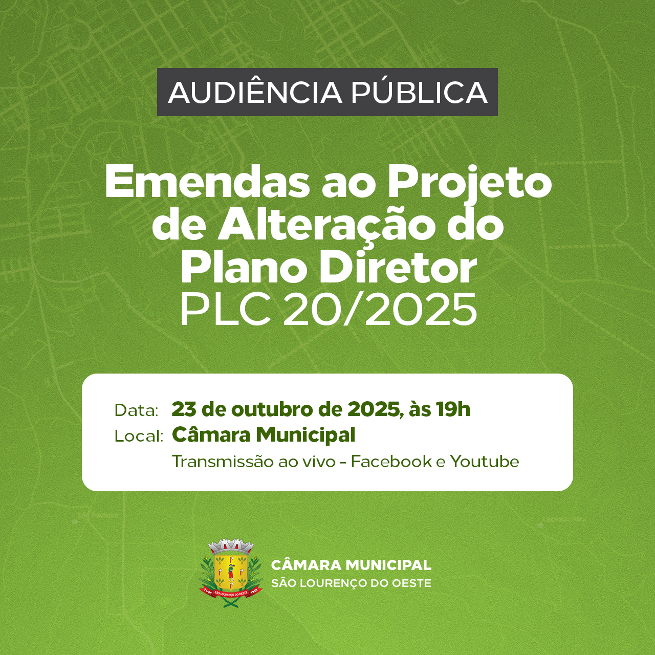 Câmara Municipal realizará audiência pública sobre Emendas ao Projeto de Alteração do Plano Diretor
